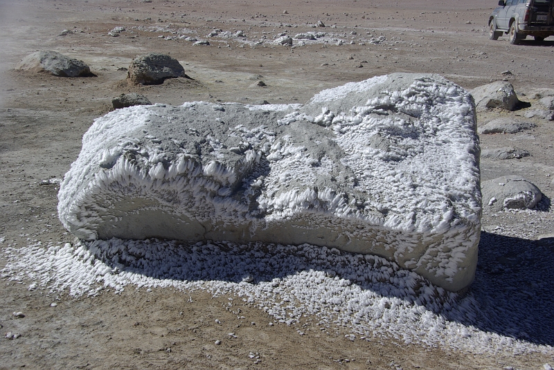 003_IMGP3392.JPG - Nous avons passé un col à plus de 5 000 m, nous redescendons sur une zone géothermique très active.Ici, la vapeur d'eau des fumeroles se condense en cristaux en forme de plume.